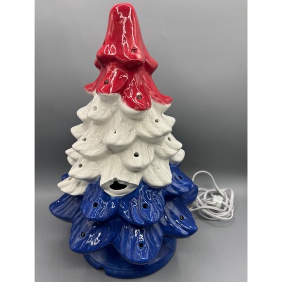 Ceramic‎ Patriotic Christmas Tree Lighted Decoration Red White Blue Plug-In Cord - Picture 4 of 7